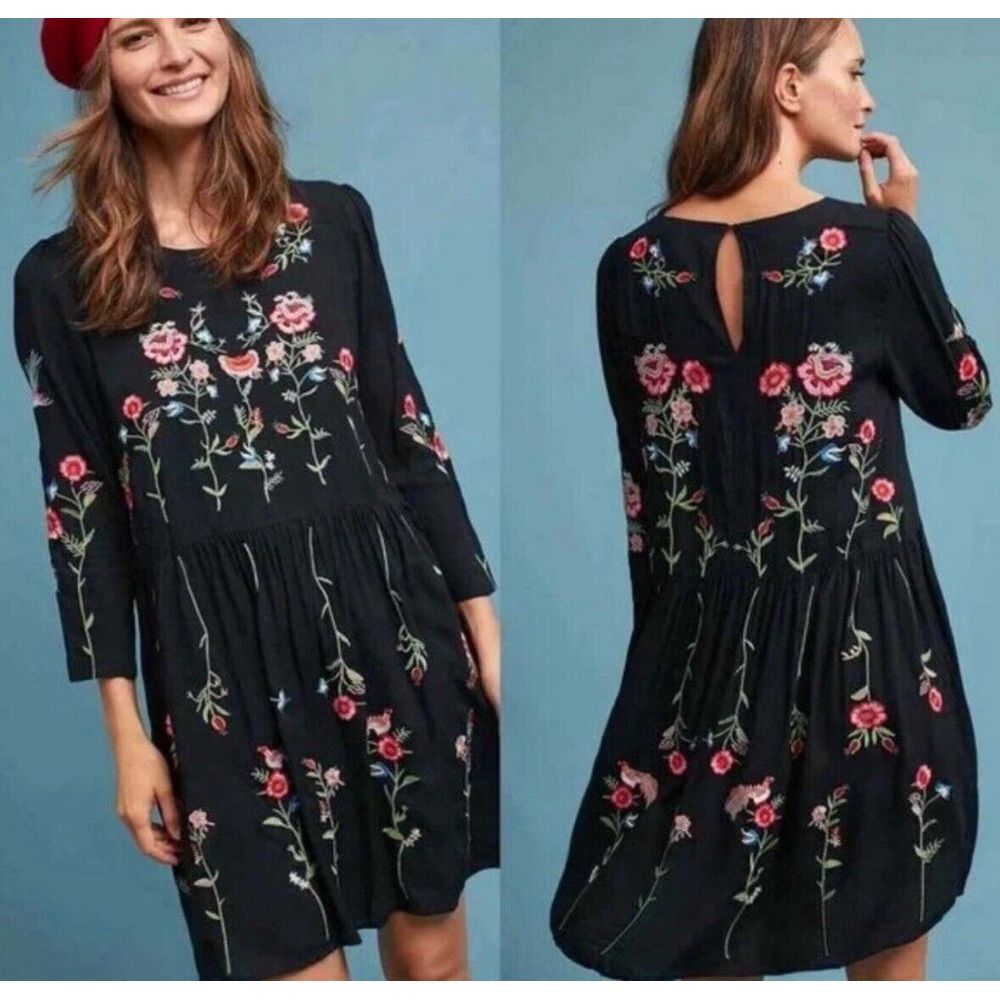 Anthropologie Maeve Allison Black Embroidered Floral Tunic Dress Size XS $148